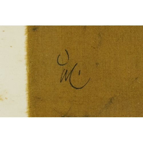 2546 - Figure in a street, 20th century Middle Eastern school mixed media on cotton, initialled JM, framed ... 