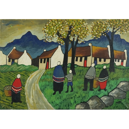 2525 - In the manner of Markey Robinson, figure before buildings, 20th century Irish school oil on canvas, ... 
