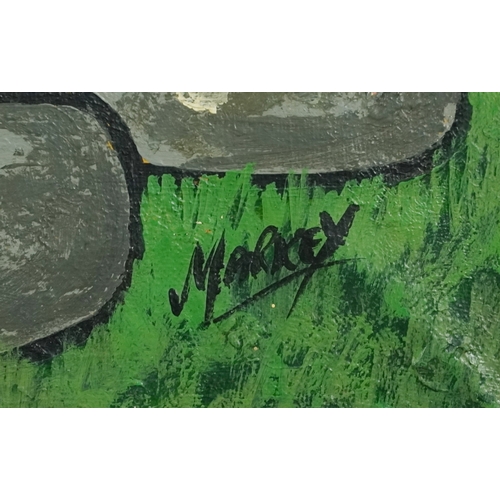 2525 - In the manner of Markey Robinson, figure before buildings, 20th century Irish school oil on canvas, ... 