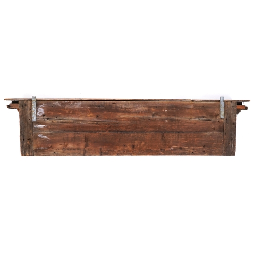 2096 - An 18th century oak and pine architectural pediment with stiff leaf scroll supports, 42cm H x 185cm ... 