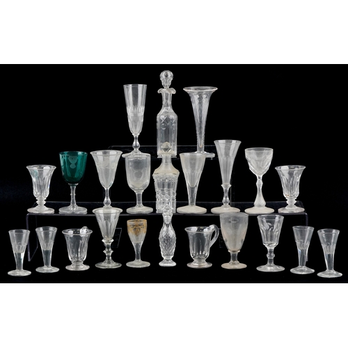 1806 - Antique and later glassware including decanters, sherry glasses and a vase, the largest 18cm high.