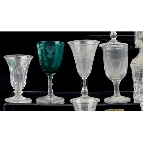 1806 - Antique and later glassware including decanters, sherry glasses and a vase, the largest 18cm high.