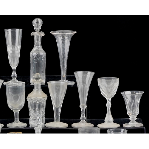 1806 - Antique and later glassware including decanters, sherry glasses and a vase, the largest 18cm high.