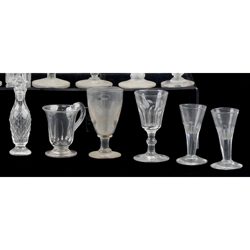1806 - Antique and later glassware including decanters, sherry glasses and a vase, the largest 18cm high.