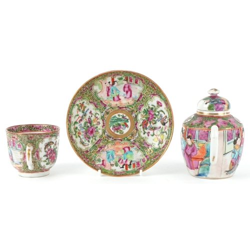 93 - Chinese Canton porcelain comprising a teapot, teacup and saucer, each finely hand painted in the fam... 