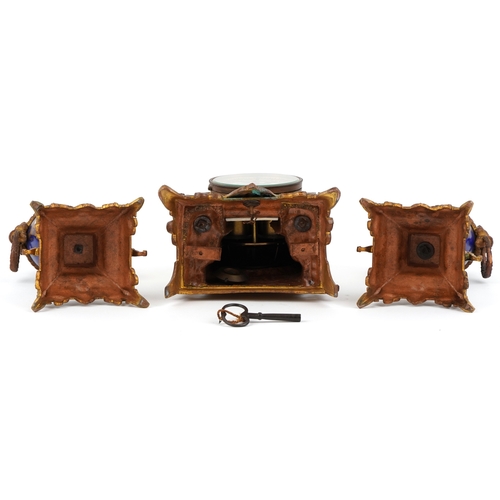 526 - A French 19th century A D Mougin gilt brass and porcelain three piece striking clock garniture hand ... 