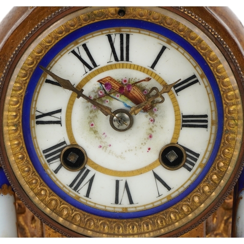 526 - A French 19th century A D Mougin gilt brass and porcelain three piece striking clock garniture hand ... 