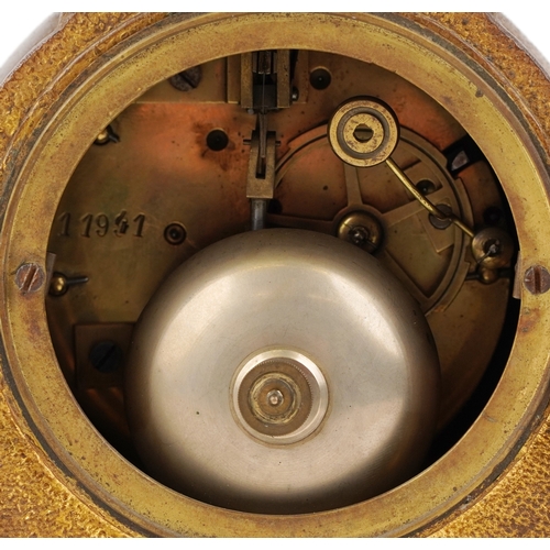 526 - A French 19th century A D Mougin gilt brass and porcelain three piece striking clock garniture hand ... 