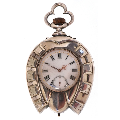 304 - A silver plated horseshoe desk clock having an enamelled dial with Roman numerals and subsidiary dia... 