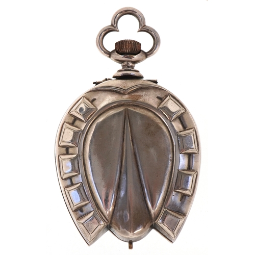 304 - A silver plated horseshoe desk clock having an enamelled dial with Roman numerals and subsidiary dia... 