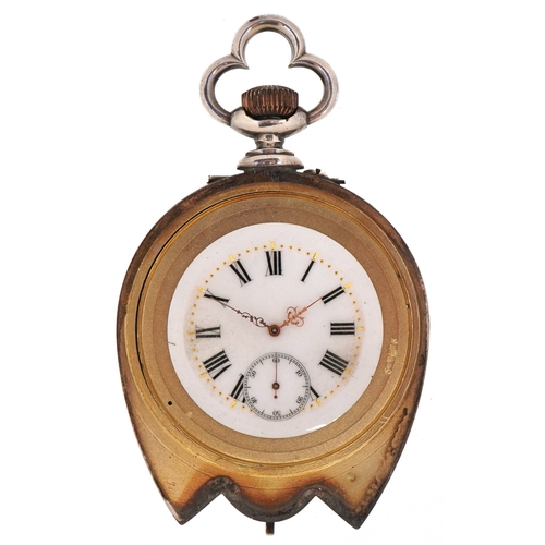 304 - A silver plated horseshoe desk clock having an enamelled dial with Roman numerals and subsidiary dia... 