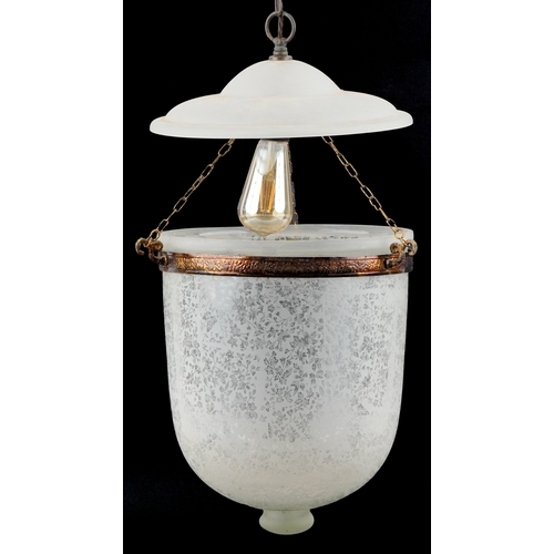 318 - A large frosted glass hanging light fitting with brass mounts, approximately 45cm high.