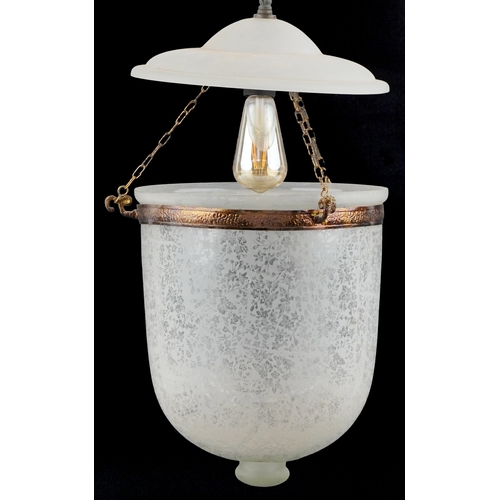 318 - A large frosted glass hanging light fitting with brass mounts, approximately 45cm high.