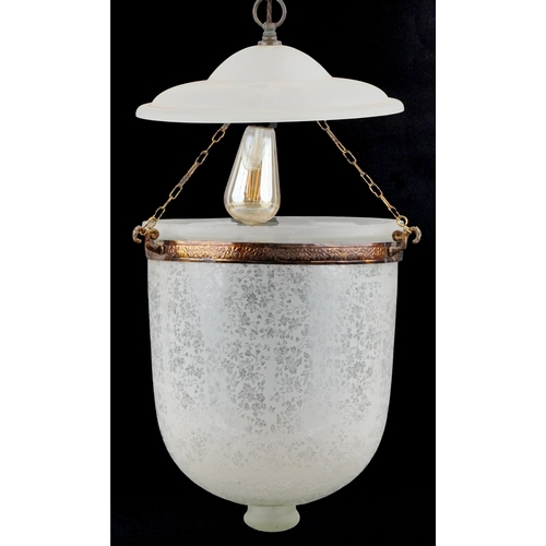 318 - A large frosted glass hanging light fitting with brass mounts, approximately 45cm high.