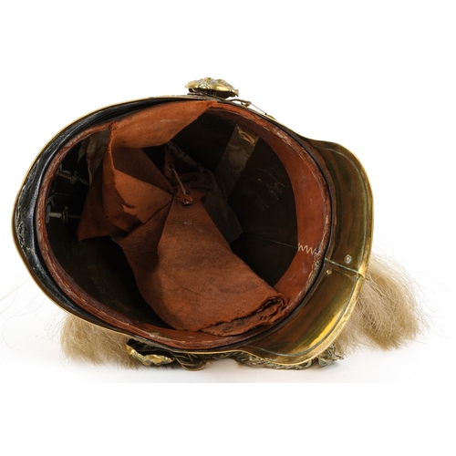2759 - A British military 2nd Dragoon Guards brass helmet with chin strap and plume, with Firmin & Sons lab... 