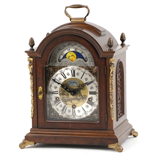 120 - Schatz, a German walnut veneer Westminster chiming mantle clock with moon phase dial, 36cm high