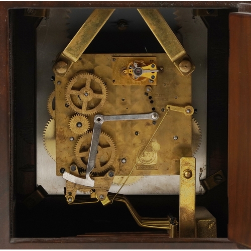 120 - Schatz, a German walnut veneer Westminster chiming mantle clock with moon phase dial, 36cm high