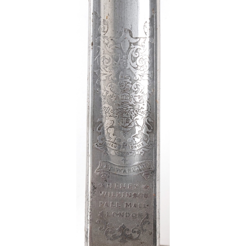 2858 - A British military Henry Wilkinson sword having engraved steel blade and wire bound shagreen grip, w... 