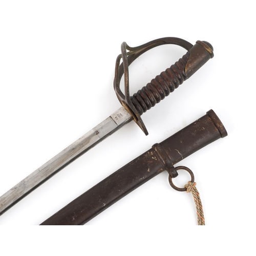 2860 - An American military interest Civil War steel bladed sword and scabbard with turned wooden grip, the... 