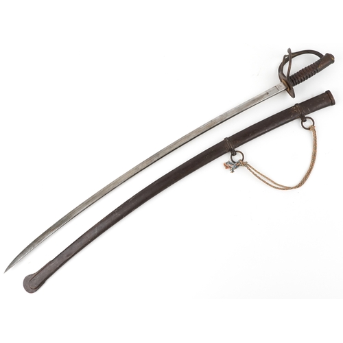 2860 - An American military interest Civil War steel bladed sword and scabbard with turned wooden grip, the... 