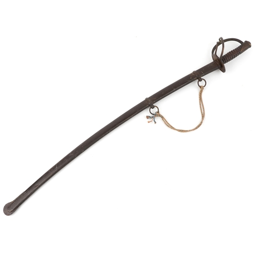 2860 - An American military interest Civil War steel bladed sword and scabbard with turned wooden grip, the... 