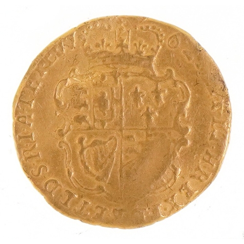 1071 - A George III 1762 22ct gold quarter guinea, 16mm in diameter, weight 2.0g.