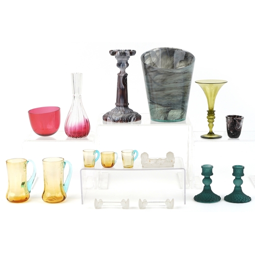1505 - 20th century art glassware including a slag glass candlestick, frosted glass knife rests and a large... 