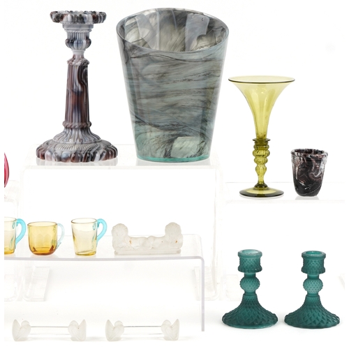 1505 - 20th century art glassware including a slag glass candlestick, frosted glass knife rests and a large... 