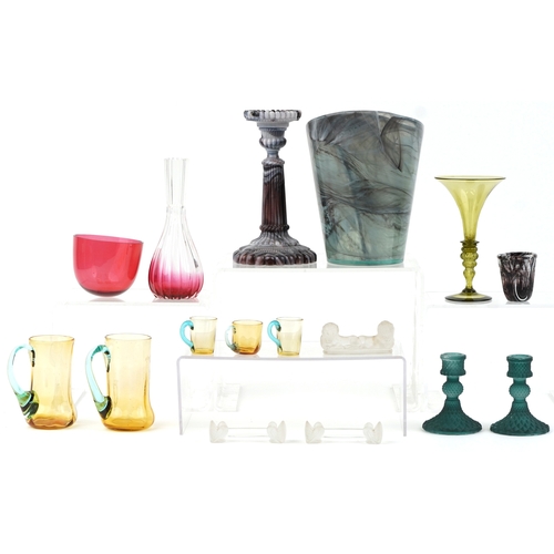 1505 - 20th century art glassware including a slag glass candlestick, frosted glass knife rests and a large... 