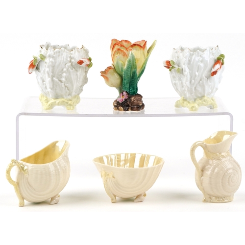 1794 - 20th century China comprising Belleek shell design porcelain and three floral spill vases, the large... 