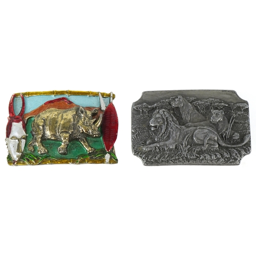 1845 - Two vintage American cast metal belt buckles including an enamelled rhinoceros example, the largest ... 