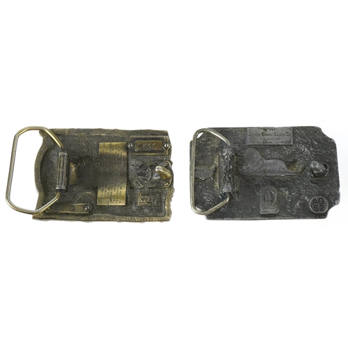 1845 - Two vintage American cast metal belt buckles including an enamelled rhinoceros example, the largest ... 