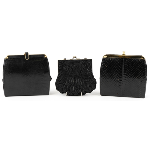 1018 - A group of vintage ladies handbags including a snakeskin, lizard skin and an Art Deco style beaded p... 