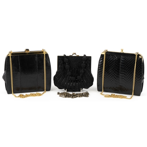 1018 - A group of vintage ladies handbags including a snakeskin, lizard skin and an Art Deco style beaded p... 