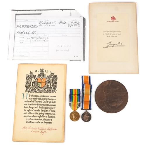 2673 - A British military World War I medal pair and death plaque awarded to 4198 PTE RICHARD WILLIAM HAFFE... 
