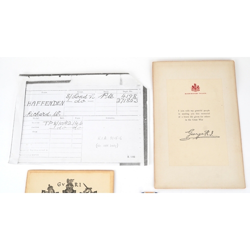 2673 - A British military World War I medal pair and death plaque awarded to 4198 PTE RICHARD WILLIAM HAFFE... 