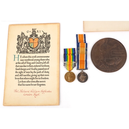2673 - A British military World War I medal pair and death plaque awarded to 4198 PTE RICHARD WILLIAM HAFFE... 