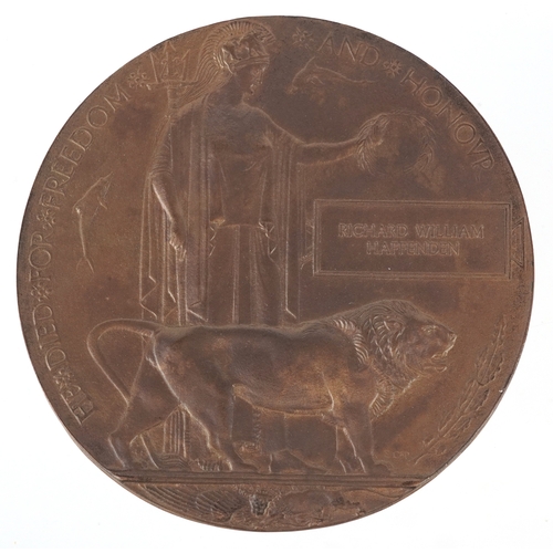 2673 - A British military World War I medal pair and death plaque awarded to 4198 PTE RICHARD WILLIAM HAFFE... 