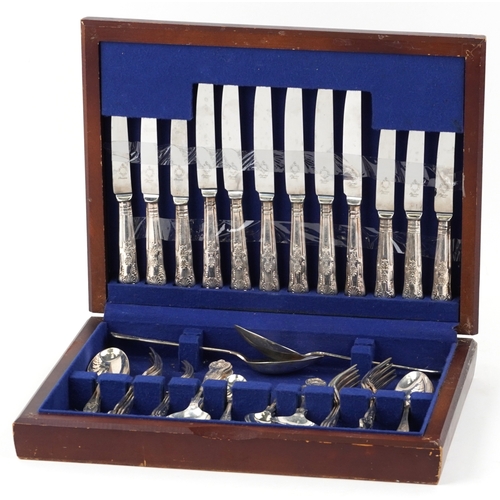 3753 - A six place setting of Sheffield silver plated cutlery housed in a mahogany canteen, 40cm wide.