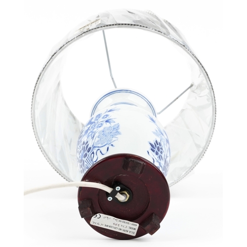 1818 - An as new Chinese blue and white porcelain table lamp with shade, 39cm high.