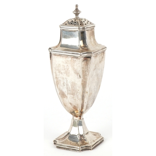 3575 - Philip Hanson Abbot, an Edwardian silver pedestal caster, London 1909, 17cm high, 173.2g.