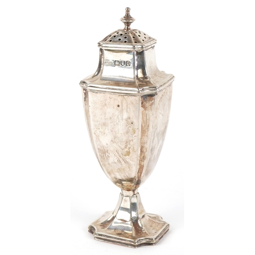 3575 - Philip Hanson Abbot, an Edwardian silver pedestal caster, London 1909, 17cm high, 173.2g.