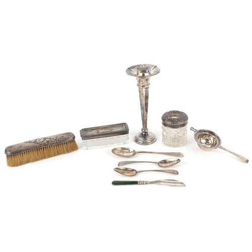 3620 - Antique and later silver including a tea strainer, cut glass jars with silver lids, Georgian spoons ... 