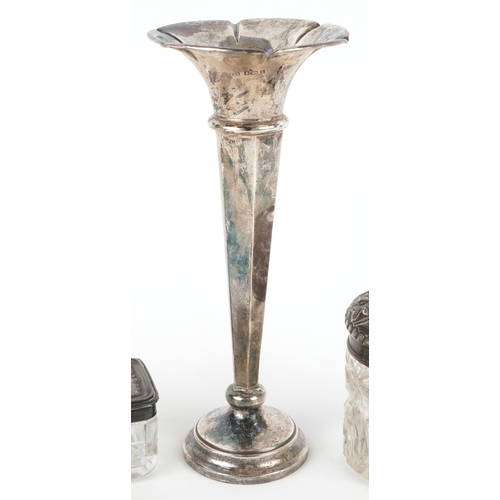 3620 - Antique and later silver including a tea strainer, cut glass jars with silver lids, Georgian spoons ... 