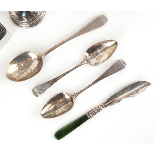 3620 - Antique and later silver including a tea strainer, cut glass jars with silver lids, Georgian spoons ... 