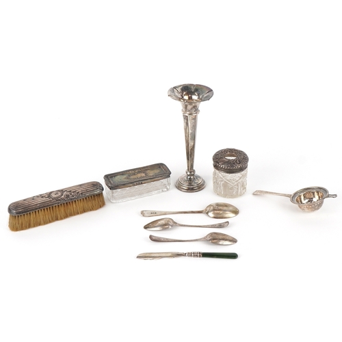 3620 - Antique and later silver including a tea strainer, cut glass jars with silver lids, Georgian spoons ... 