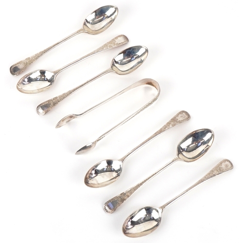 3630 - Joseph Rodgers & Sons, a set of six Victorian silver teaspoons and sugar tongs with floral engraved ... 