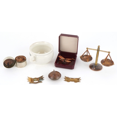 2821 - Sundry items including a German military interest porcelain miniature po, enamelled military interes... 
