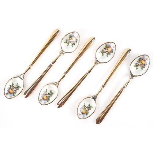3736 - Cohen & Charles, a set of six silver gilt and enamel coffee spoons hand painted with fruit, Birmingh... 
