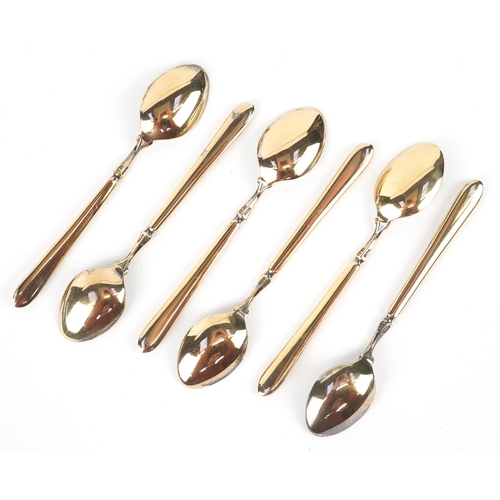 3736 - Cohen & Charles, a set of six silver gilt and enamel coffee spoons hand painted with fruit, Birmingh... 